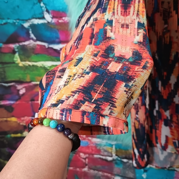 A.N.A Orange Blue and White Multi Color V-Neck Front Tie Long Sleeve Top Size L - Picture 5 of 9